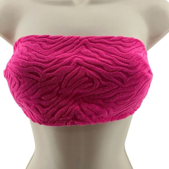 Womens Textured Terry Cloth Bandeau Bikini Top Bright Pink Size Small - Picture 1 of 4